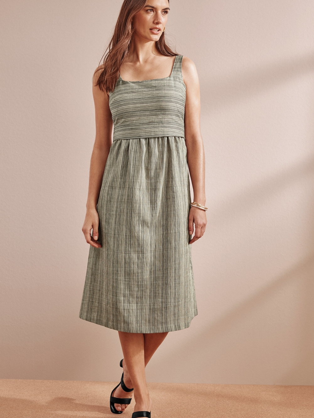 J. Jill Shirred-Waist Striped Linen Blend Midi Dress Large Petite